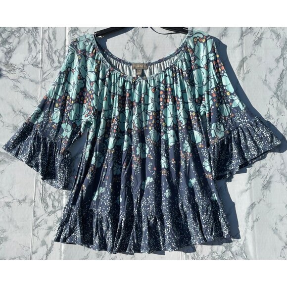 Style & Co Womens Medium Boho Floral Bell Sleeve Blue/Teal Rayon Top - Picture 1 of 9